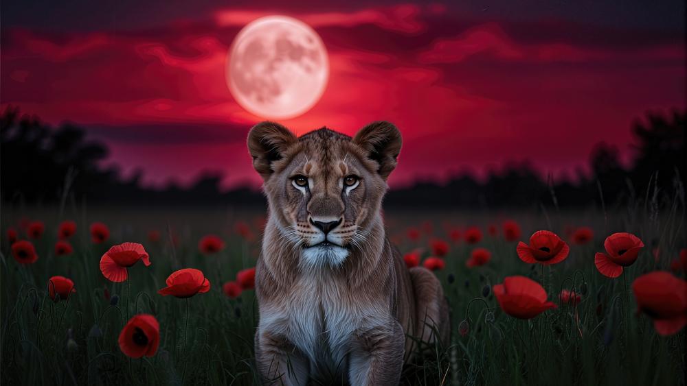 Moonlit Lioness in Poppy Field wallpaper