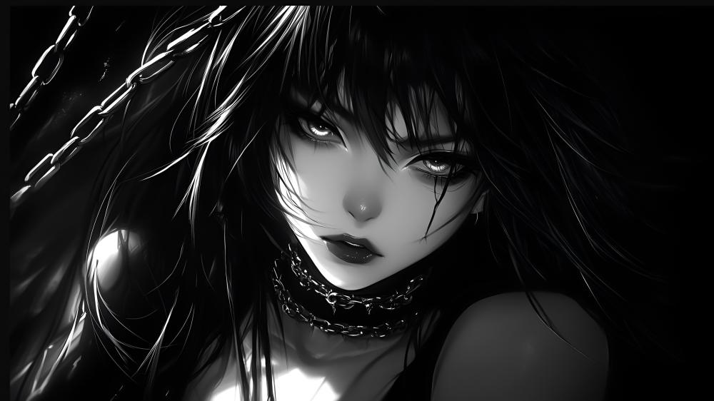 Gothic Noir Anime Girl in Monochrome Shadows wallpaper