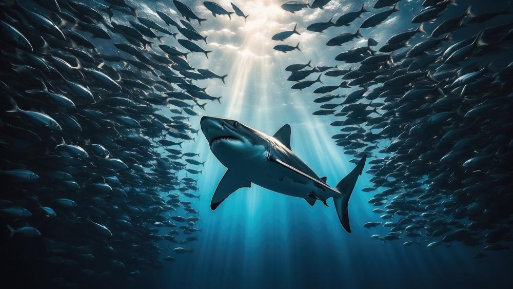 Majestic Shark Through School of Fish wallpaper