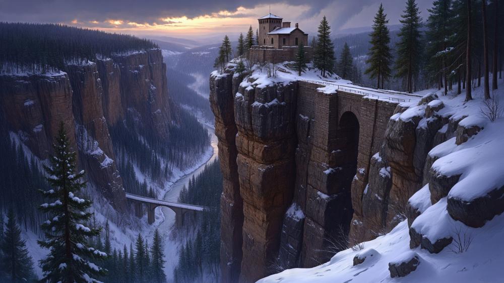 Snowbound Fortress Above the Frozen Canyon wallpaper