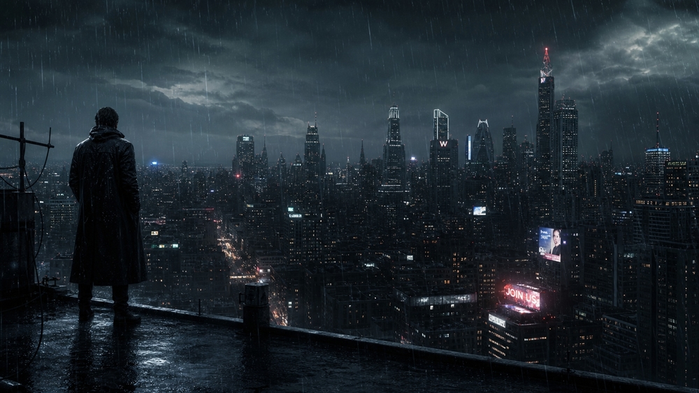 Rain soaked vigil over a neon metropolis wallpaper