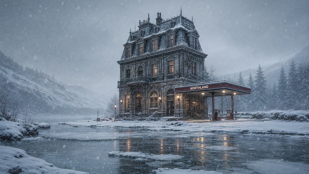 Frozen Gothic Mansion by the River wallpaper