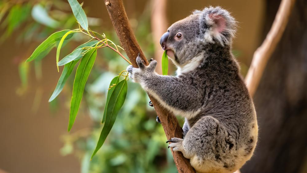 Baby Koala Climbing Eucalyptus Branch wallpaper