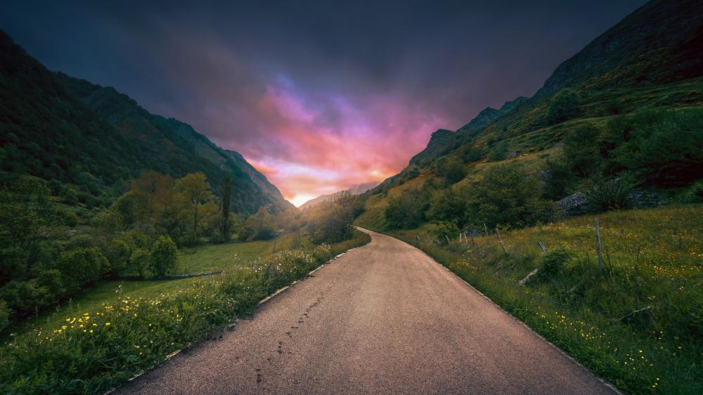 Twilight Road Through Mountain Valley wallpaper