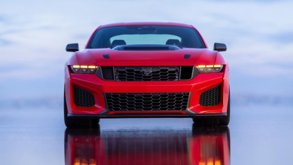Red Mustang Shelby Power on Reflective Road wallpaper