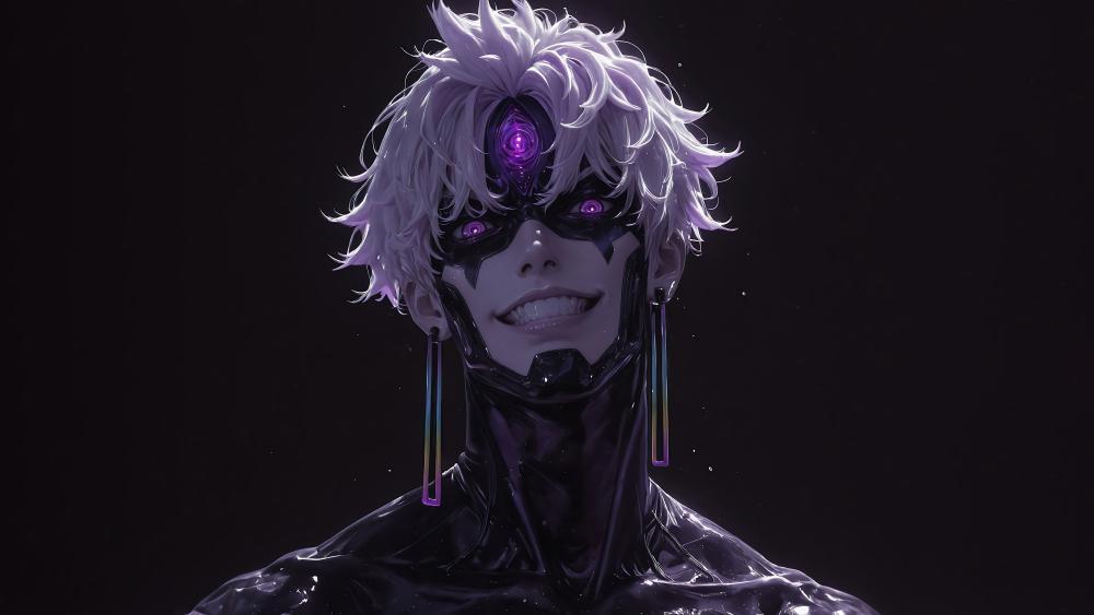 Sinister Cyberpunk Sorcerer With Glowing Purple Eyes wallpaper