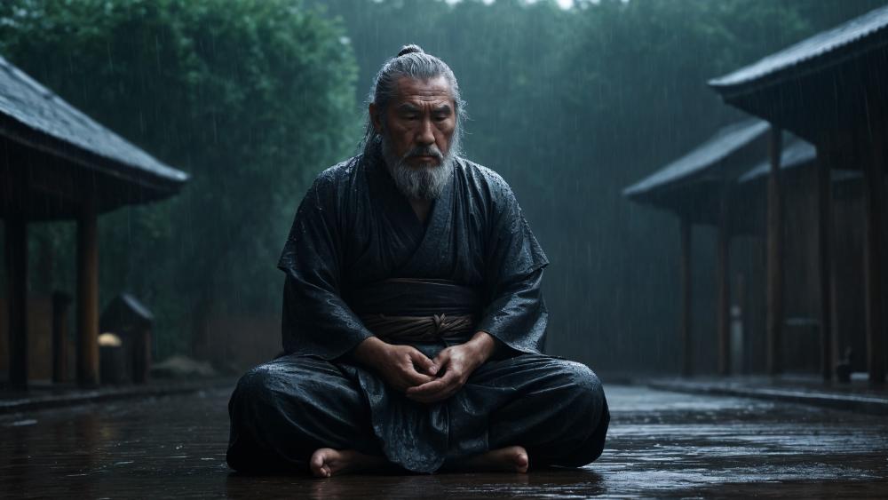 Rainlit Wisdom in a Quiet Japanese Courtyard wallpaper