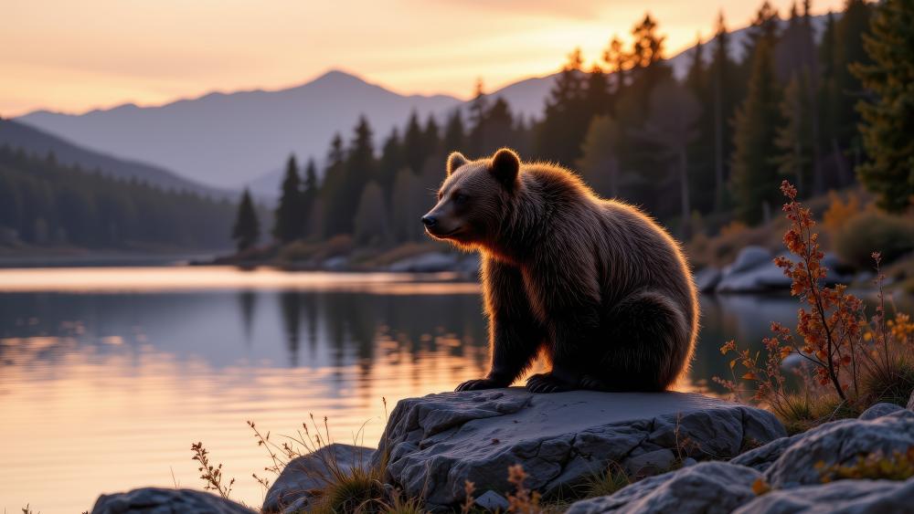 Golden Hour Bear by the Lake wallpaper
