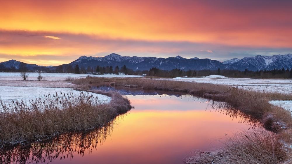 Winter River Sunset Glow wallpaper