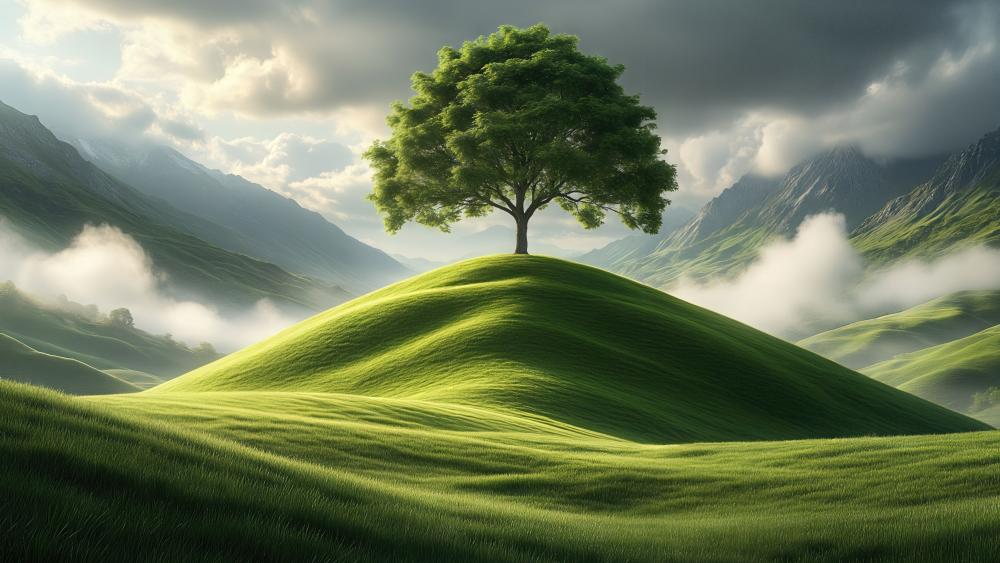 Lonely Tree Above Emerald Hills wallpaper