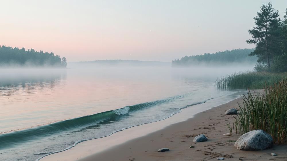 Misty Sunrise Shoreline Serenity wallpaper