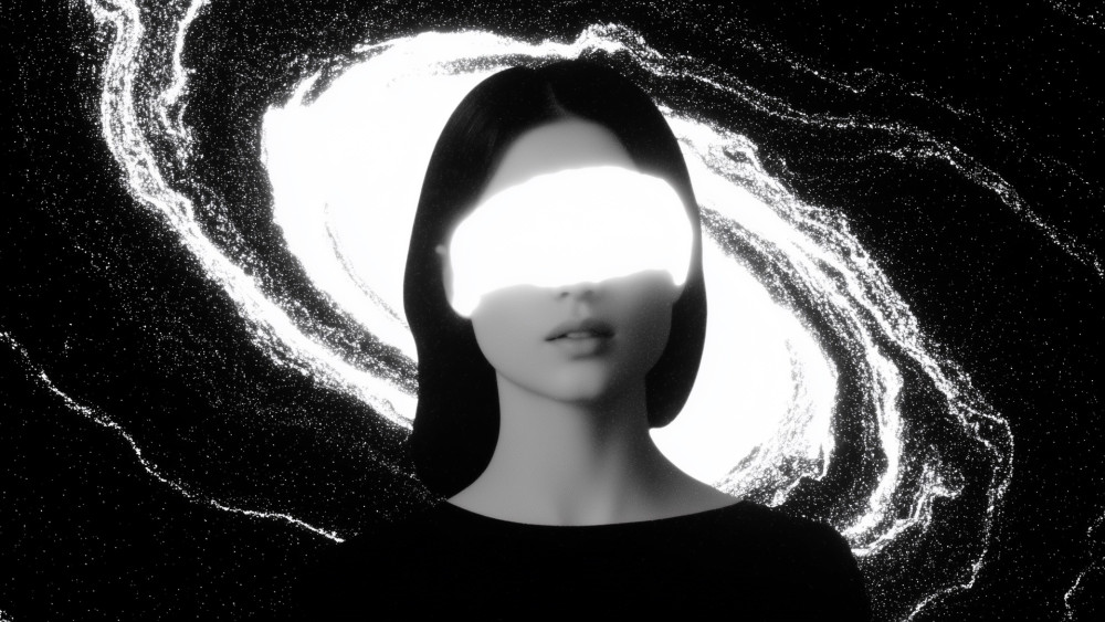 Cosmic Blindness: Aesthetic Monochrome Galaxy Portrait 4K Wallpaper wallpaper
