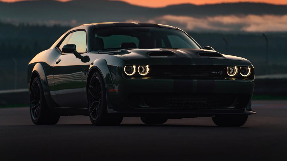Dusk Power of a Black Dodge Challenger wallpaper
