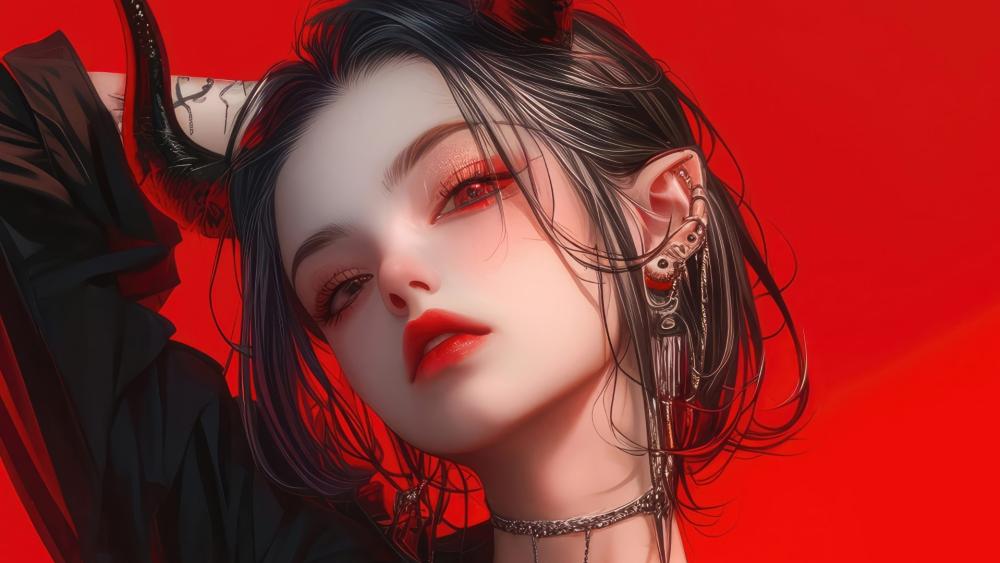 Crimson Horned Gothic Demoness Portrait wallpaper