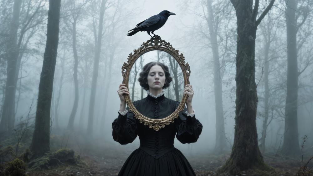 Gothic Mirror in the Misty Forest wallpaper