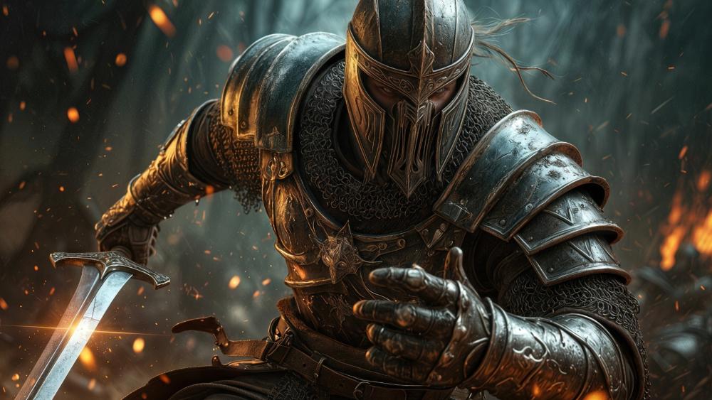 Armored Knight in Fiery Battle wallpaper