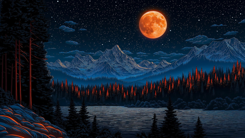 Moonlit Lake Under Crimson Mountains wallpaper