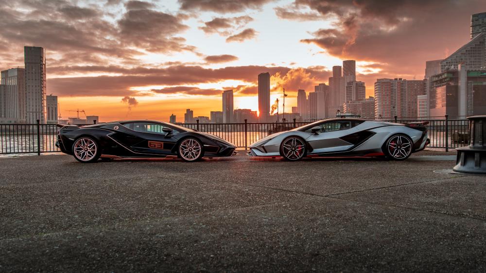 Lamborghini Sian Sunset Skyline Duo wallpaper