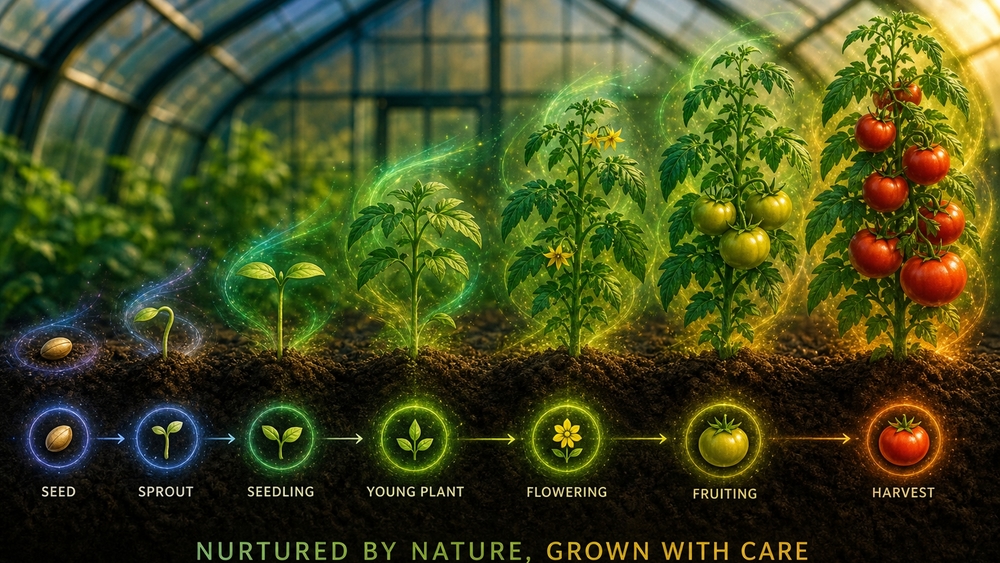 Tomato Growth Journey in a Glowing Greenhouse wallpaper