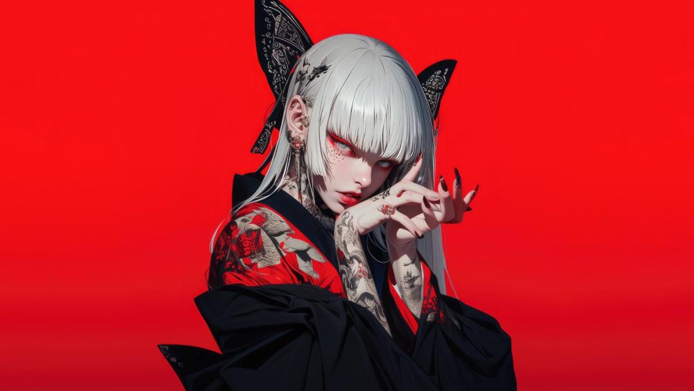 Gothic White Haired Anime Girl in Crimson Shadows wallpaper