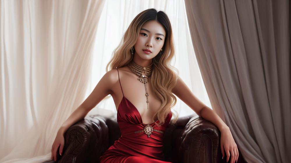Elegant Asian Beauty in Red Silk Gown wallpaper