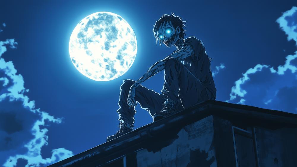 Moonlit Rooftop Zombie in Anime Halloween Night wallpaper
