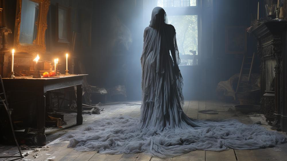 Ghostly Sentinel in the Haunted Manor wallpaper