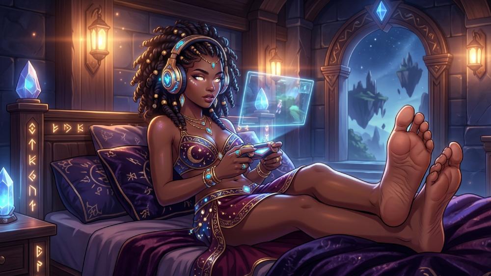 Holographic Gamer Queen in a Mystical Sci Fi Dreamscape wallpaper