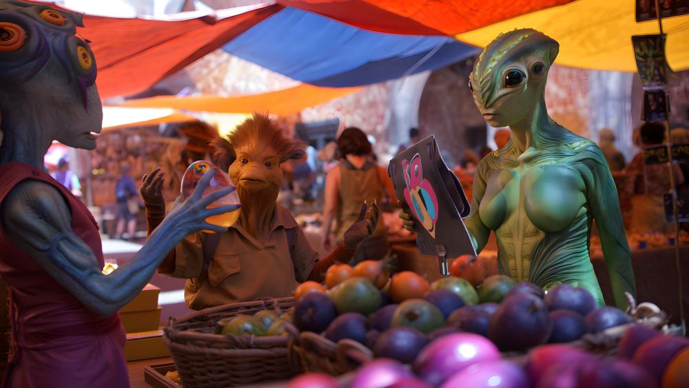 Alien Bazaar Beneath Colorful Canopies wallpaper