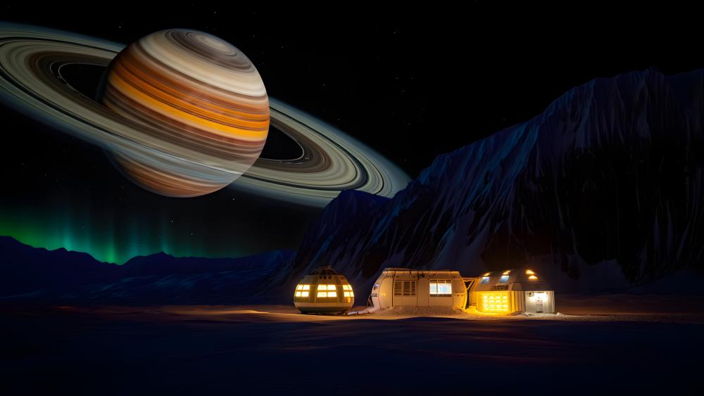 Ice Moon Colony Under Ringed Giant wallpaper