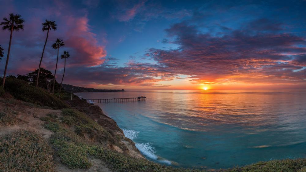 Tropical Coastline Sunset Glow wallpaper