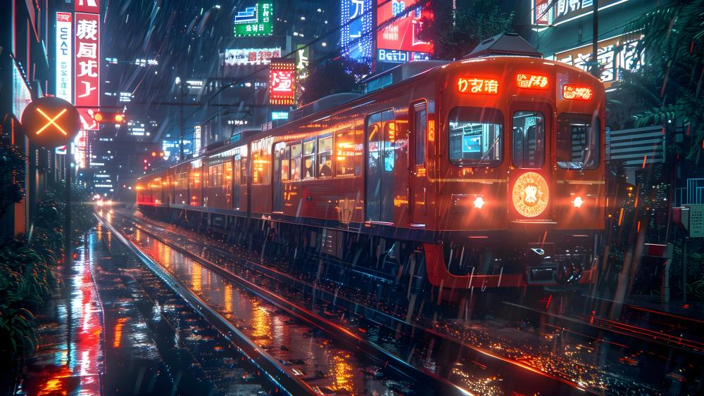 Neon Rain Train Through Tokyo Night wallpaper
