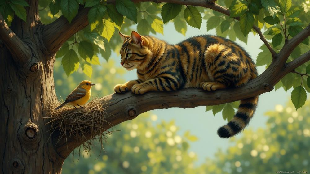 Forest Harmony Between Cat and Bird wallpaper