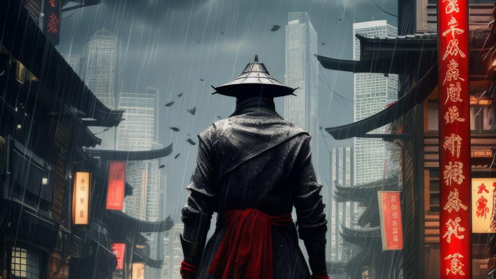 Neo Tokyo Ronin in the Rain wallpaper
