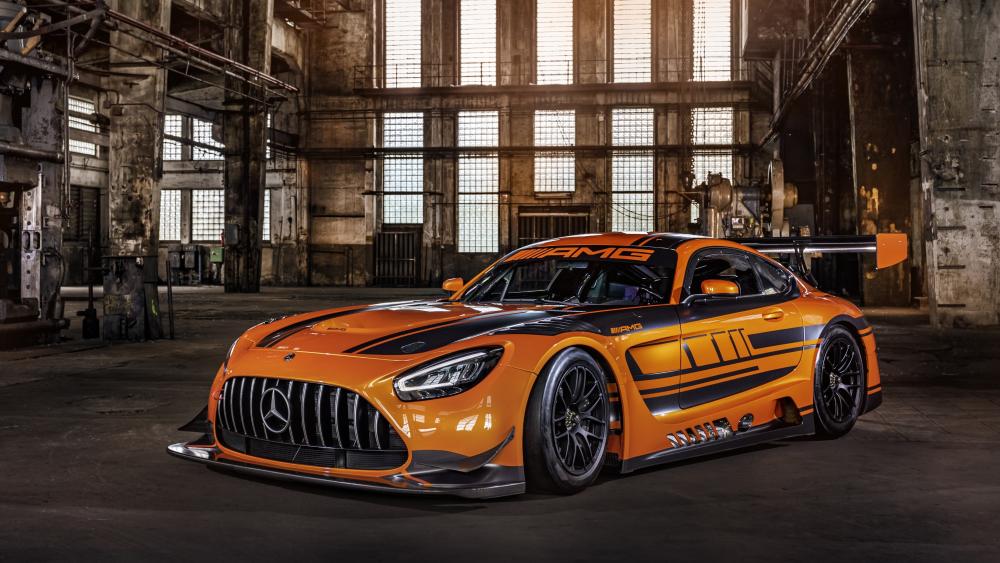 Orange Mercedes AMG GT3 in Industrial Hangar wallpaper