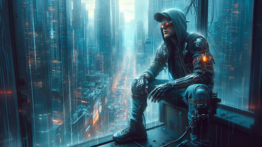 Neon Sentinel Above the Cyber City wallpaper