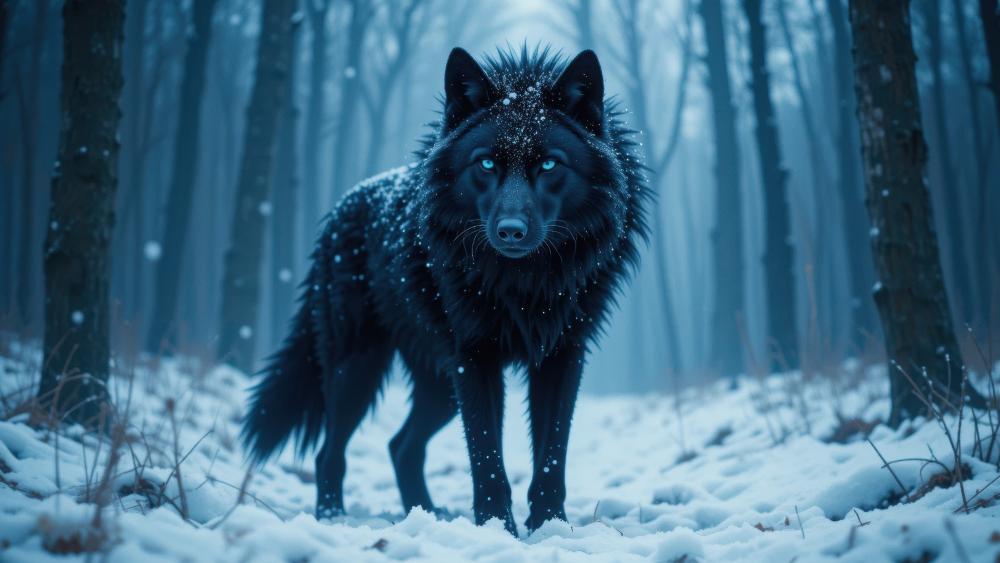 Mystic Black Wolf in Frozen Forest wallpaper