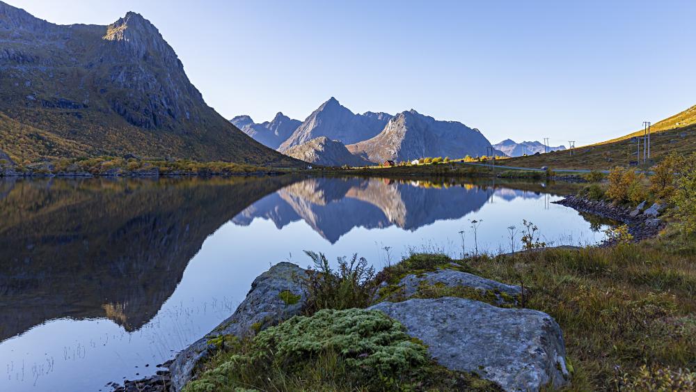 Mirror Lake in Flakstad Norway wallpaper