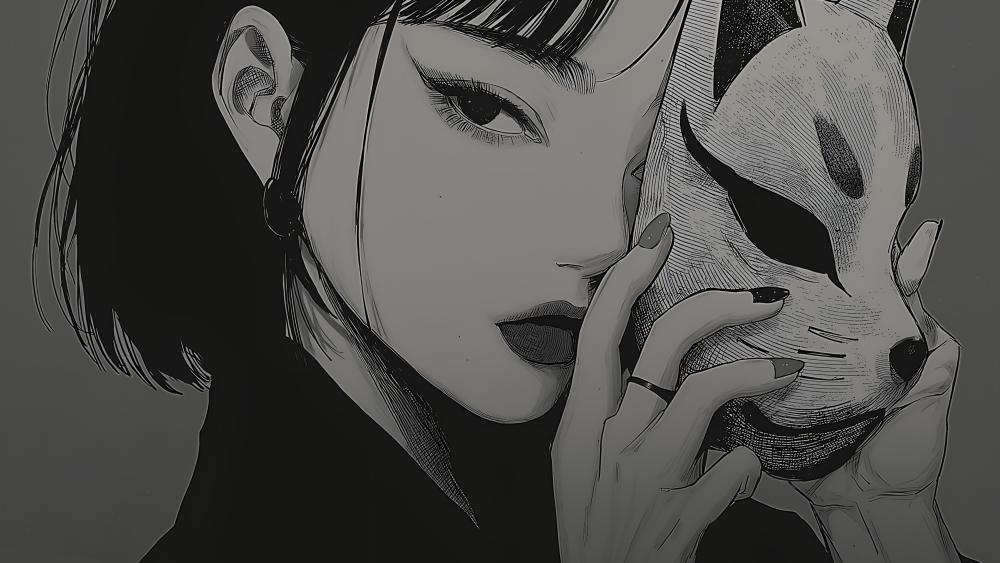 Mystic Kitsune Mask Portrait in Monochrome wallpaper