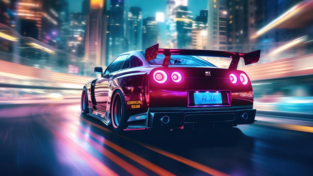 Neon R34 Street Racer in Futuristic City wallpaper