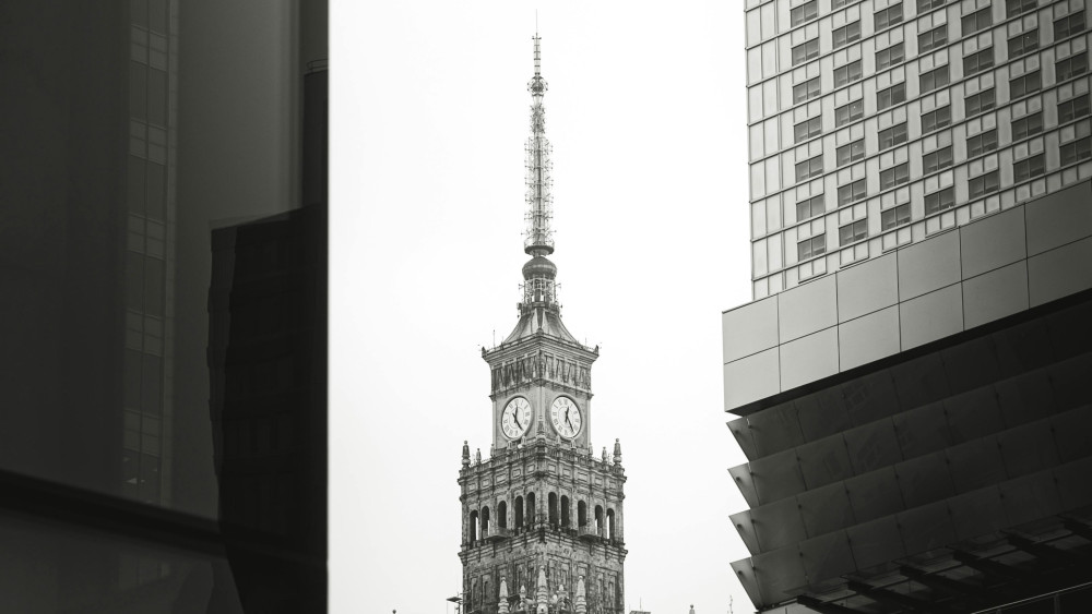 Warsaw Clock Tower in Monochrome Skyline wallpaper