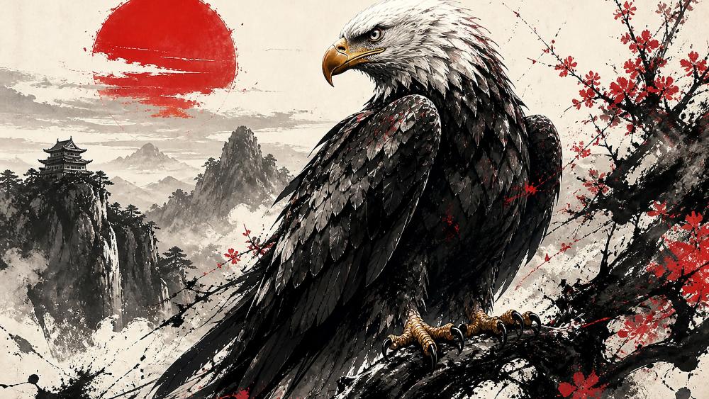 Celestial Eagle Over Crimson Mountains wallpaper