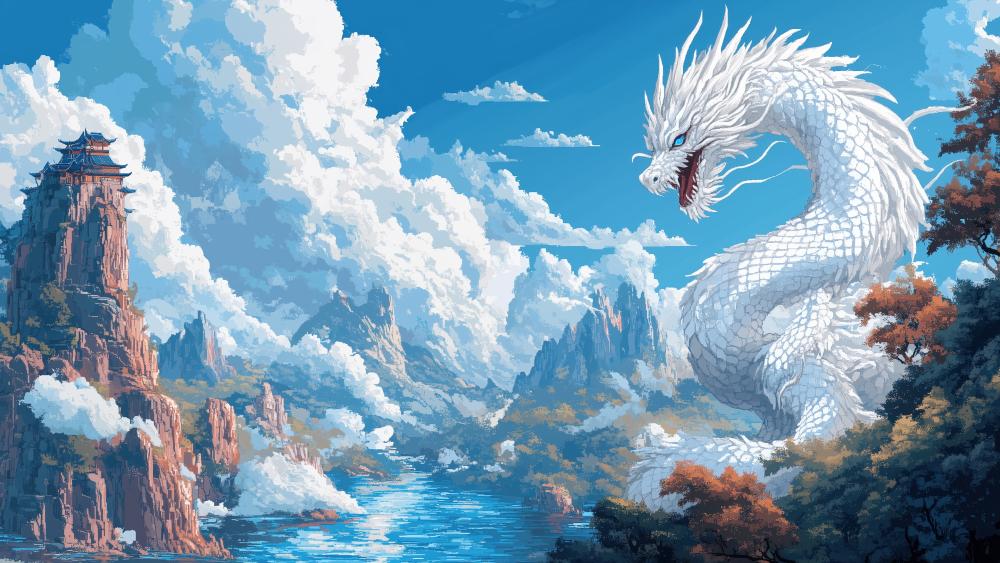 Celestial White Dragon Over Cloudbound Peaks wallpaper