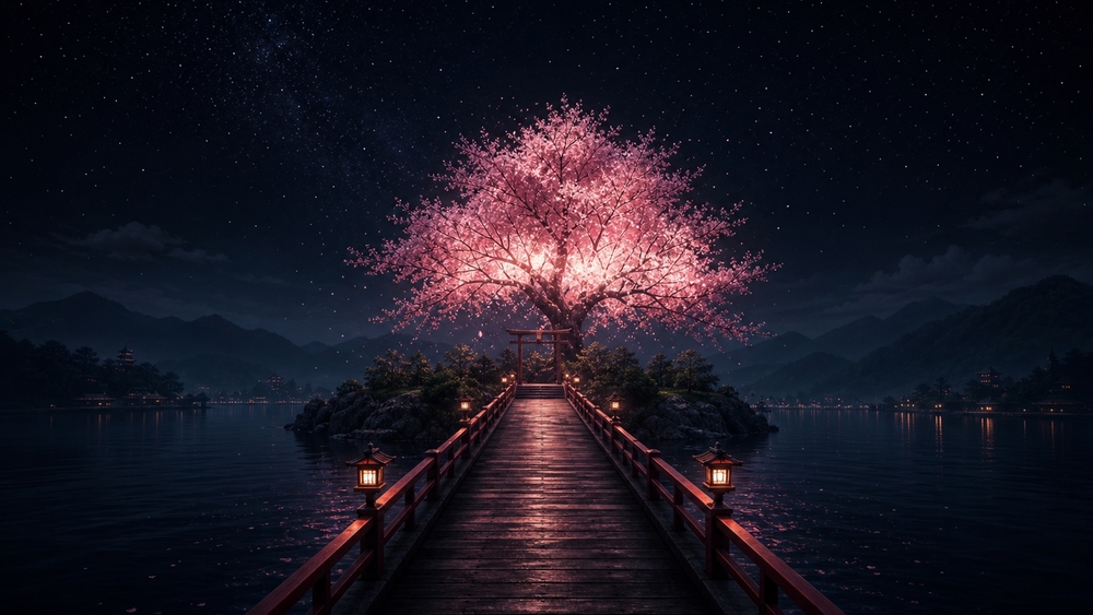 Moonlit Bridge to the Glowing Cherry Tree wallpaper