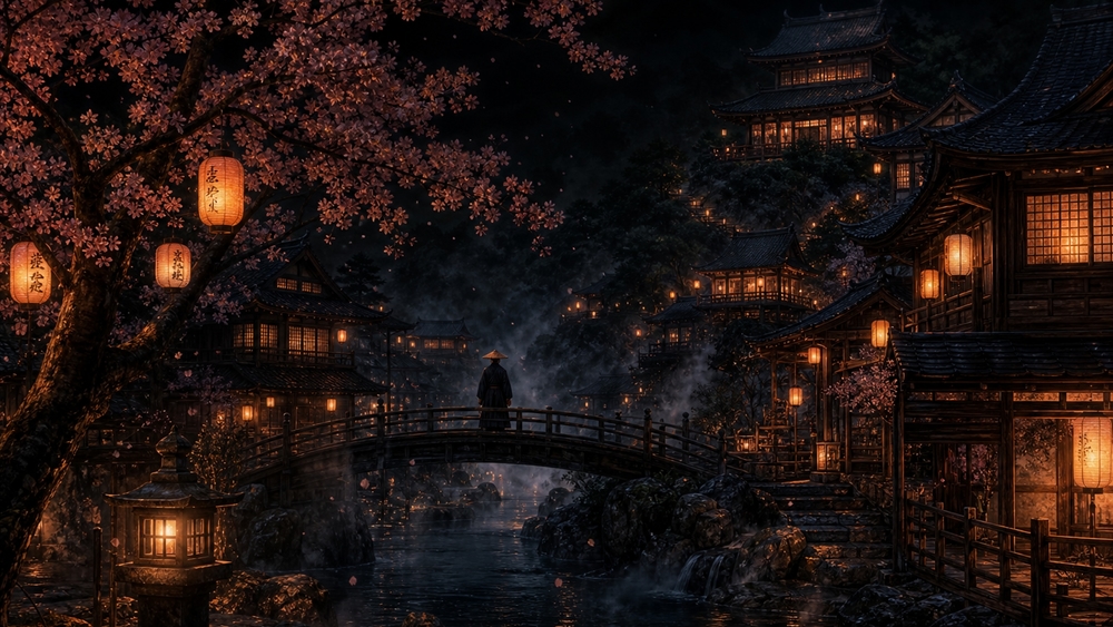 Moonlit Lantern Village Bridge wallpaper