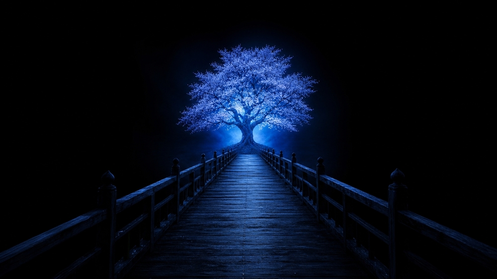 Midnight Bridge to the Glowing Tree wallpaper
