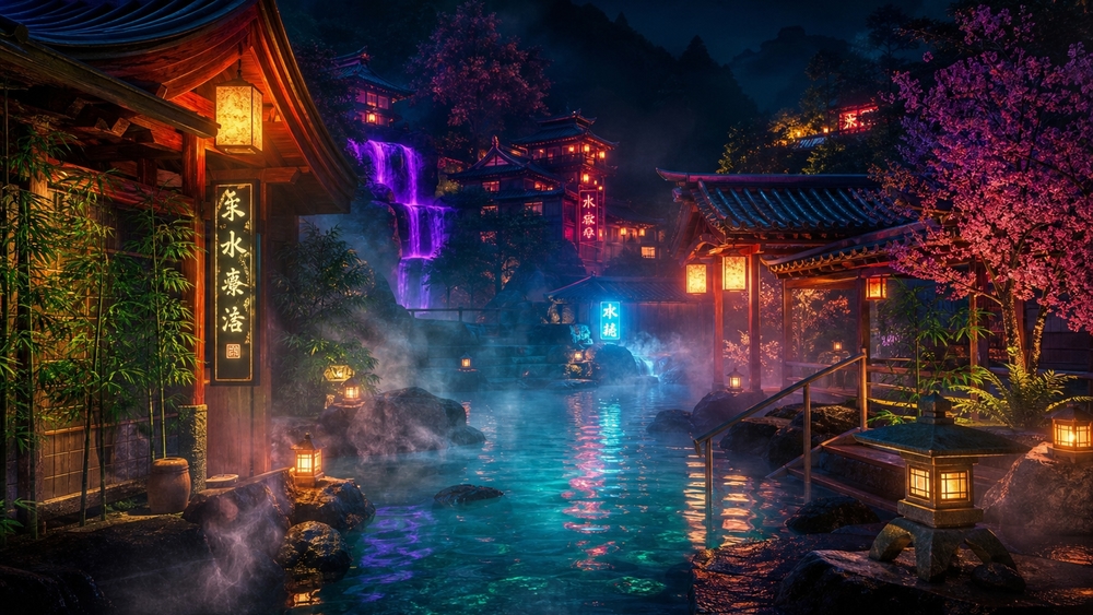 Moonlit Oriental Spa Retreat wallpaper