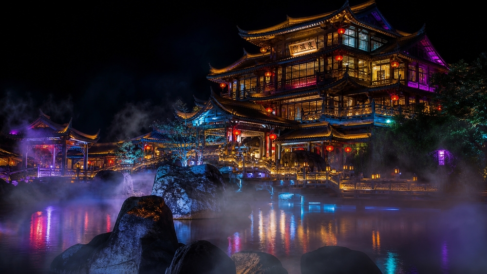 Neon Pagoda by the Misty Pond wallpaper
