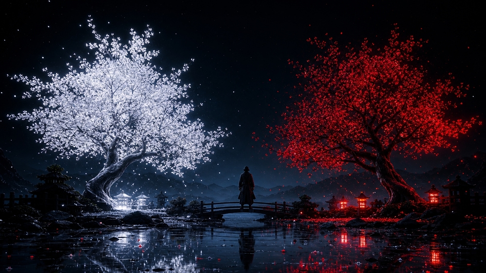 Moonlit Bridge Between Crimson and Silver Trees wallpaper