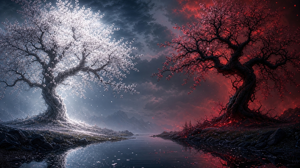 Twin Trees of Ice and Ember wallpaper